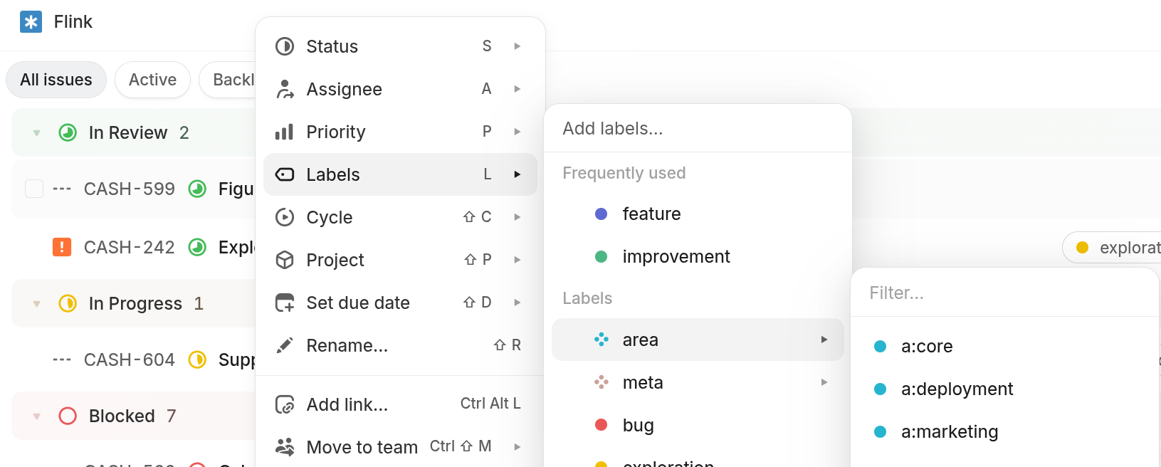 Linear's complex context menu